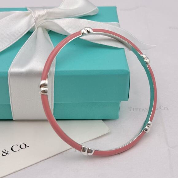 Tiffany & Co. Pink Enamel Signature X Bangle Bracelet Sterling Silver Gift Box - Picture 5 of 13